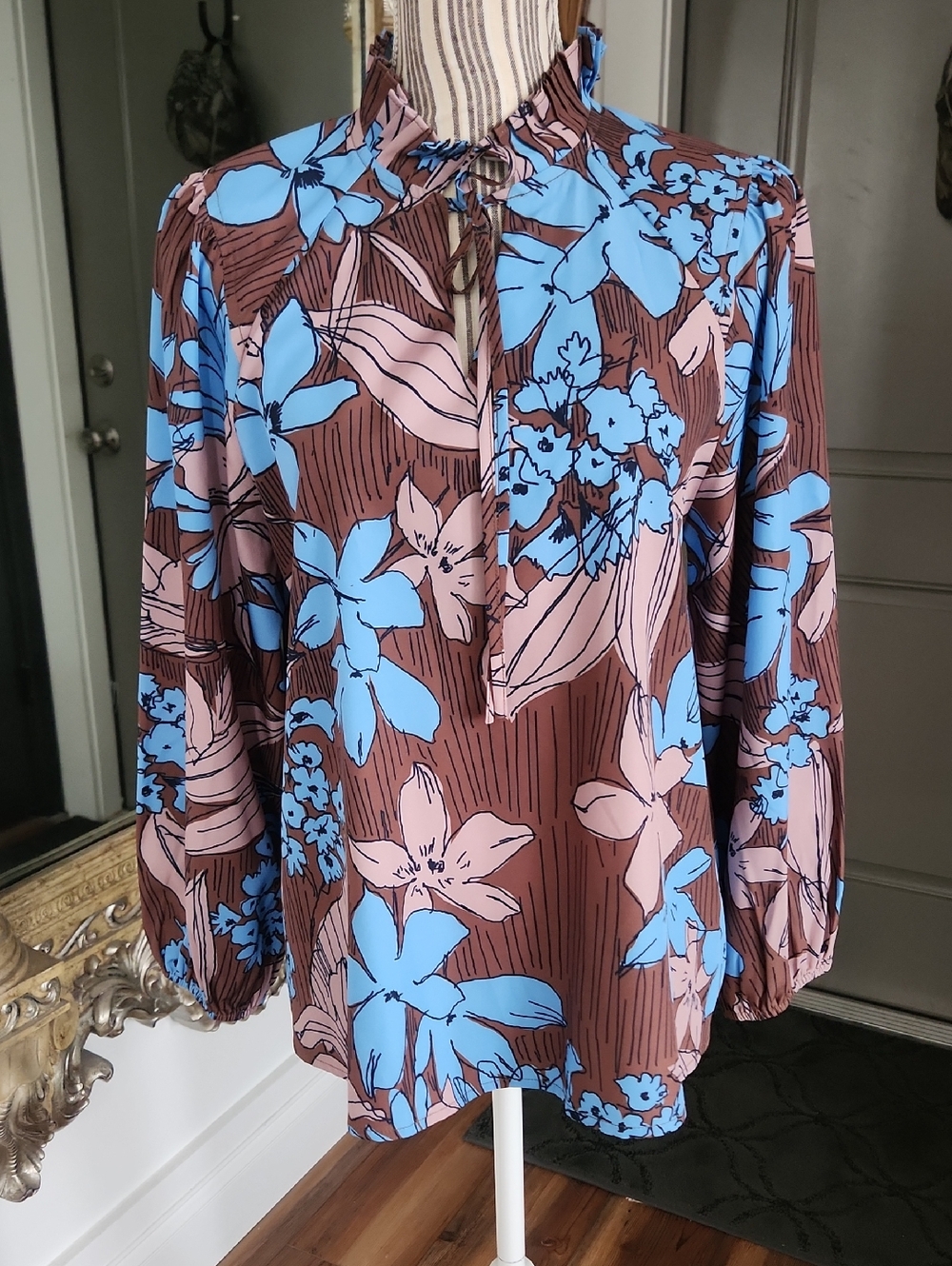 Floral Tie-Neck Blouse in Brown, Blue & Taupe